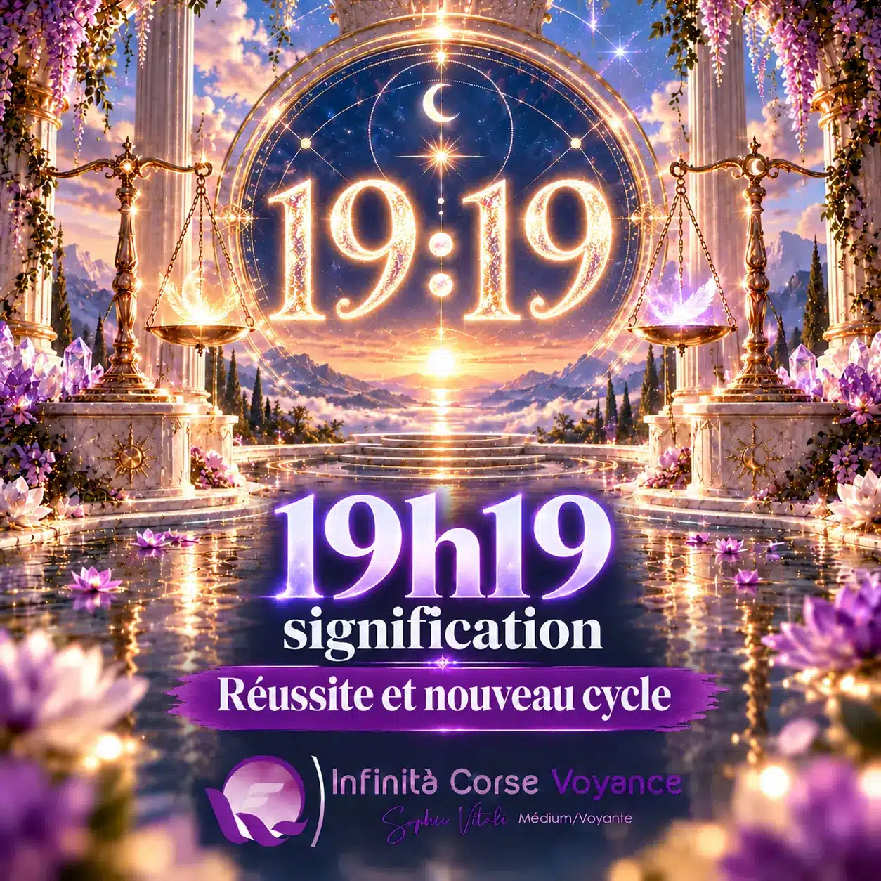 Heure miroir 19h19 signification, réussite et nouveau cycle : chiffres 19:19 dorés dans un portail céleste au soleil couchant, par Sophie Vitali