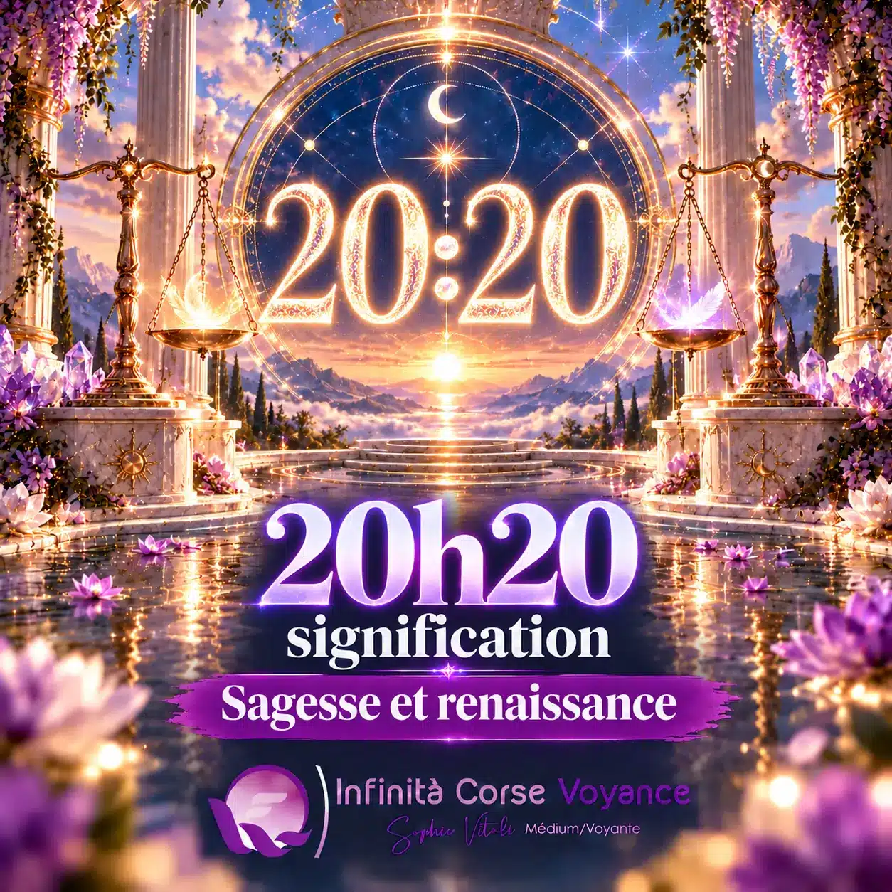 Heure miroir 20h20 signification, sagesse et renaissance : chiffres 20:20 dorés dans un portail céleste, par Sophie Vitali