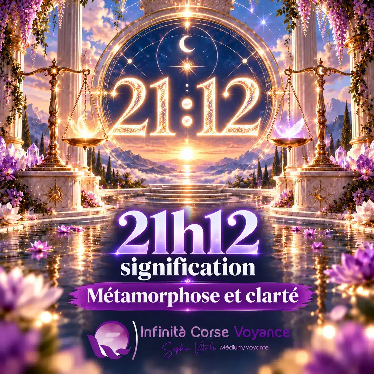 Heure inversée 21h12 signification, métamorphose et clarté : chiffres 21:12 lumineux dans un portail céleste, par Sophie Vitali