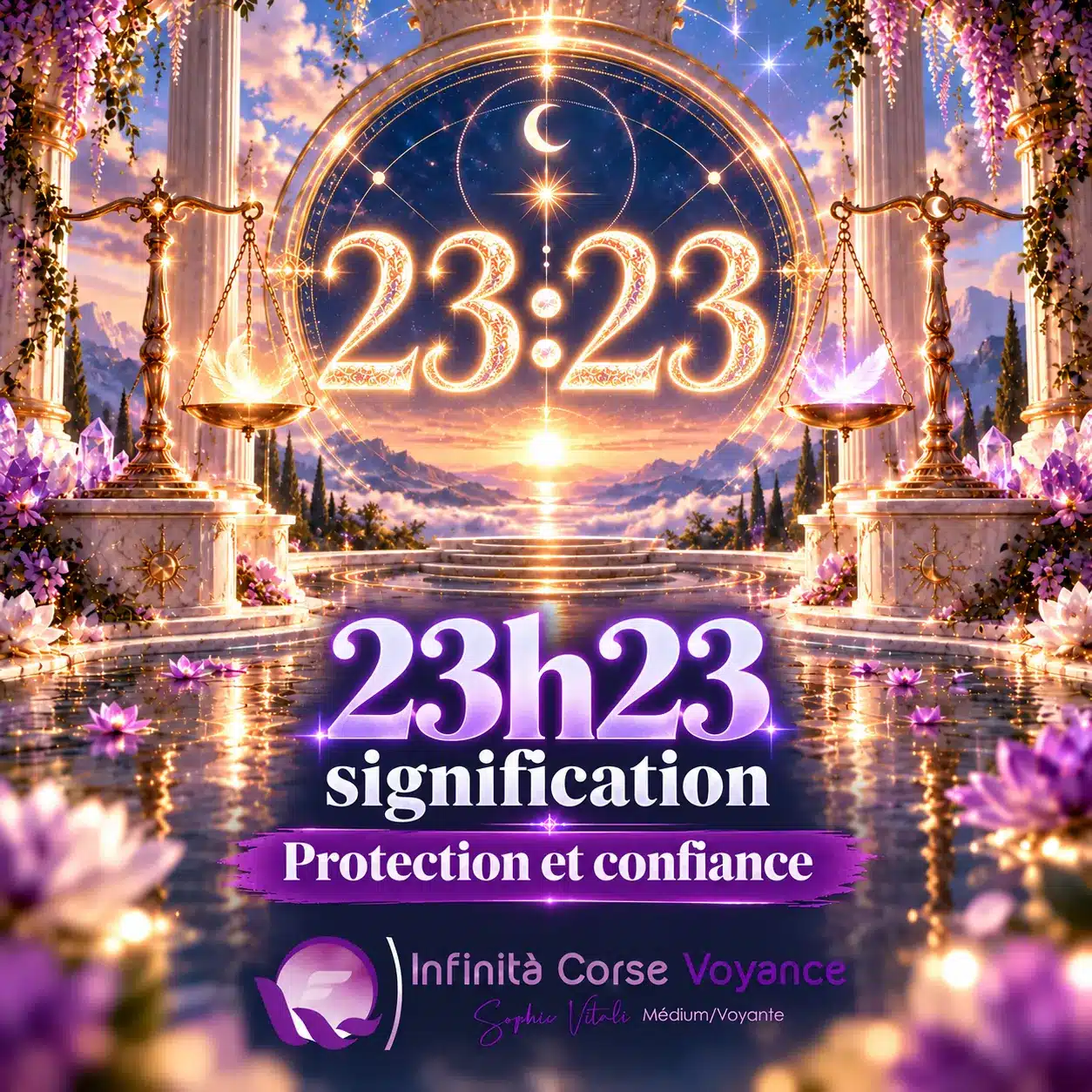 Heure miroir 23h23 signification, protection et confiance : chiffres 23:23 dorés dans un portail céleste, par Sophie Vitali