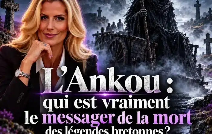 L’Ankou, messager de la mort des légendes bretonnes, debout sur sa charrette avec sa faux dans un cimetière de Bretagne sous la pleine lune, par Sophie Vitali, médium