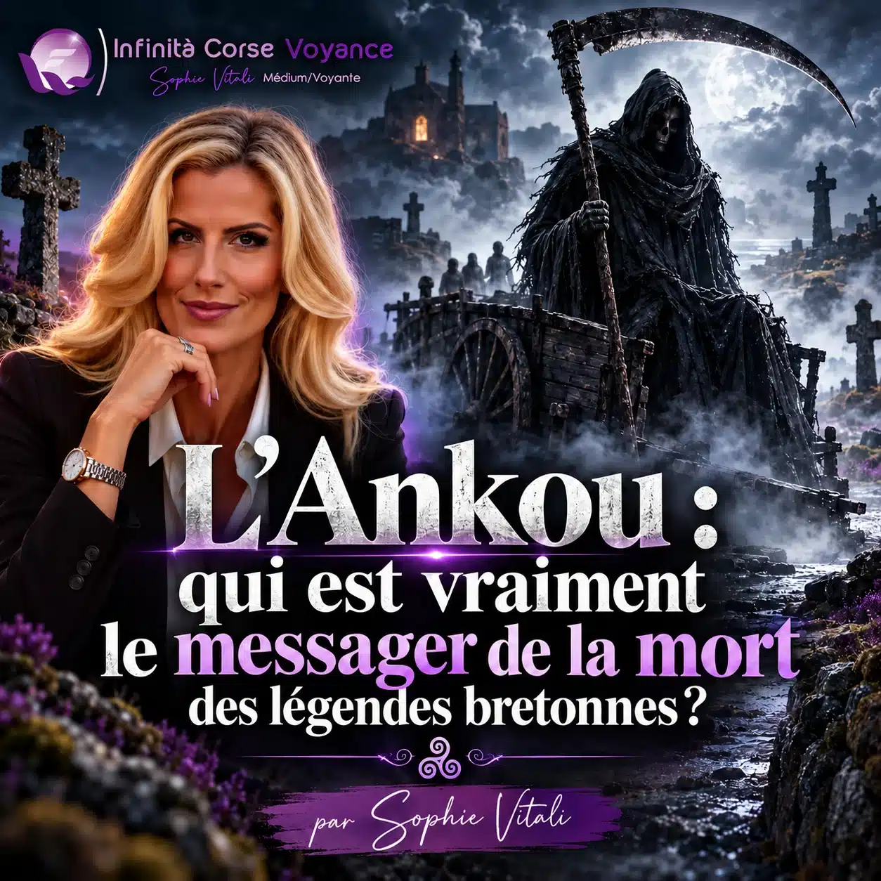 L’Ankou, messager de la mort des légendes bretonnes, debout sur sa charrette avec sa faux dans un cimetière de Bretagne sous la pleine lune, par Sophie Vitali, médium