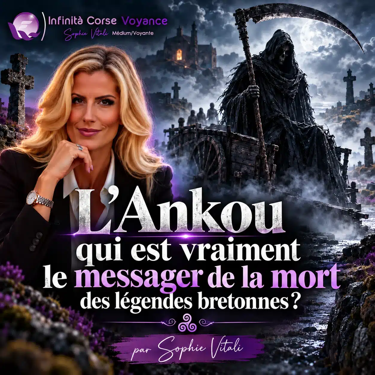 L’Ankou, messager de la mort des légendes bretonnes, assis sur sa charrette avec sa faux dans un cimetière de Bretagne sous la pleine lune, aux côtés de Sophie Vitali, médium et experte du paranormal