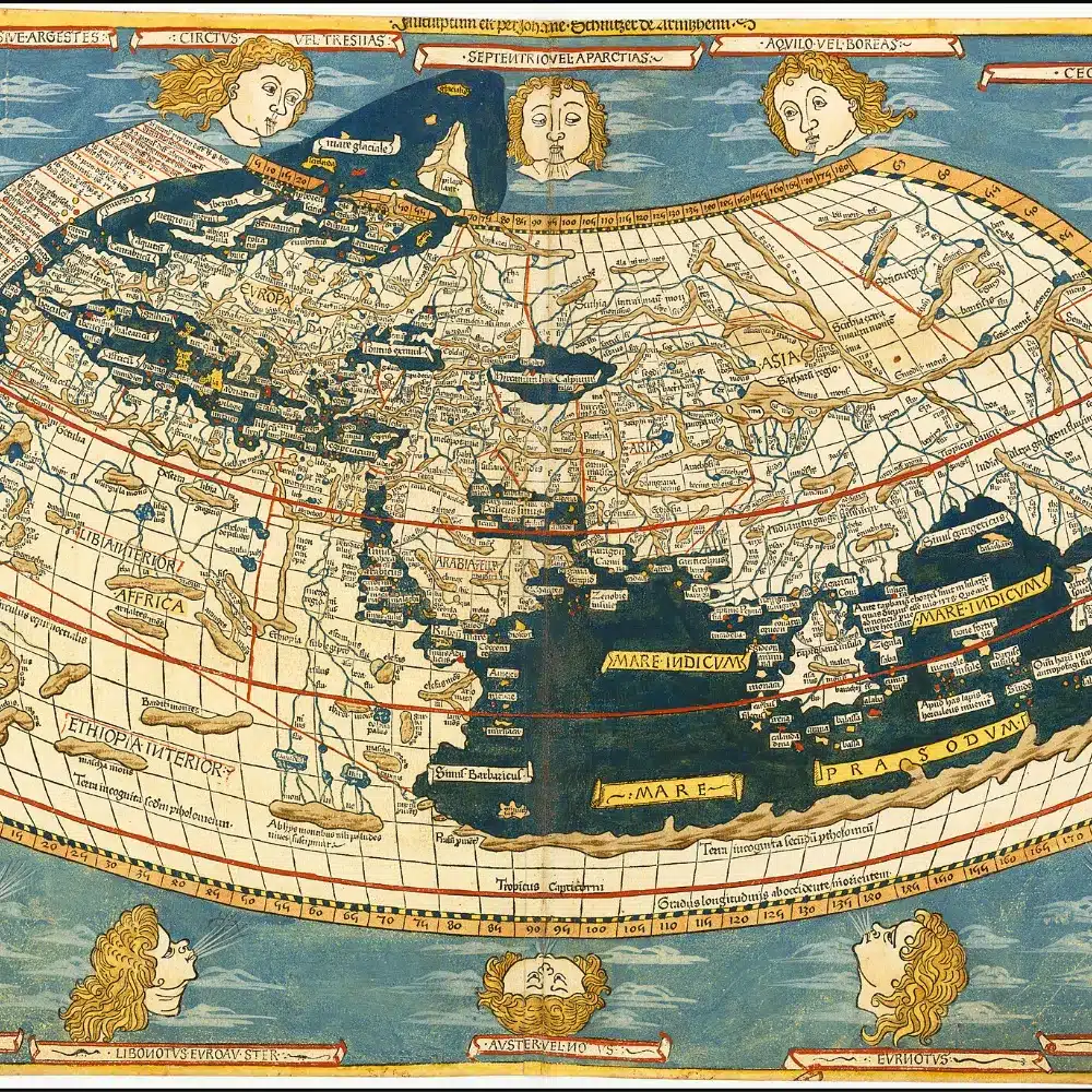 Carte du monde de Ptolémée imprimée à Ulm en 1482, avec le monde connu quadrillé et les vents personnifiés tout autour