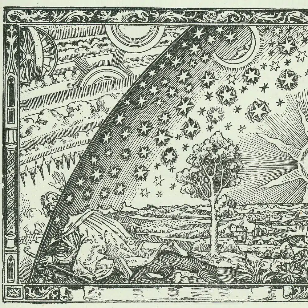 Gravure de Flammarion (1888) : un voyageur passe la tête à travers la voûte étoilée pour découvrir les rouages du ciel