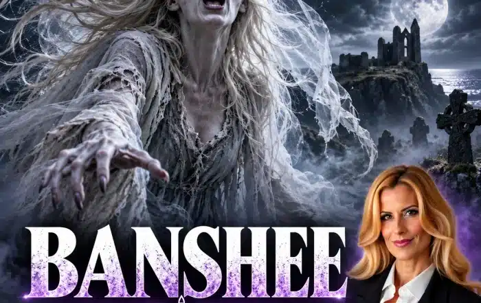Banshee hurlante aux longs cheveux blancs devant un château en ruine et un cimetière celtique sous la pleine lune, légende irlandaise du cri qui annonce la mort
