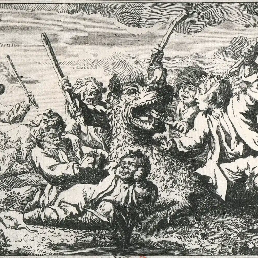 Gravure du XVIIIe siècle montrant des villageois armés de bâtons et de fusils qui affrontent la Bête du Gévaudan