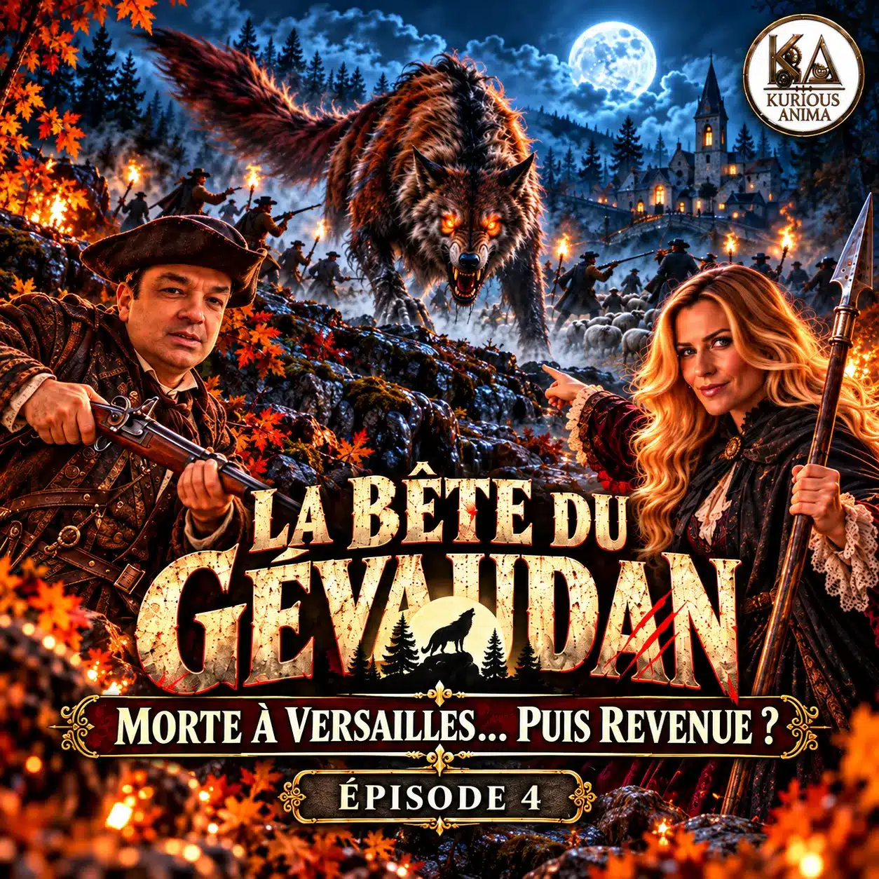 La Bête du Gévaudan aux yeux rouges sous la pleine lune, chassée par des hommes armés de fusils et de torches, avec Didier Santiago et Sophie Vitali en costumes du XVIIIe siècle