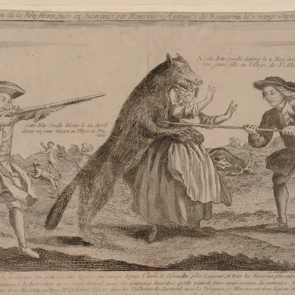 Estampe de 1765 représentant la bête féroce tuée en Auvergne par François Antoine, porte-arquebuse du roi, le 20 septembre 1765