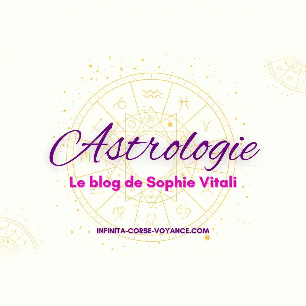 Calculer son thème astral gratuit sur le blog astrologie de Sophie Vitali Roue du zodiaque dorée et titre Astrologie, le blog de Sophie Vitali, médium et experte du paranormal