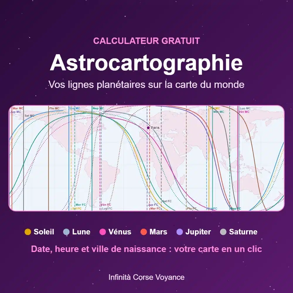 Exemple de carte d’astrocartographie calculée gratuitement : planisphère traversé par les lignes planétaires pour une naissance à Paris