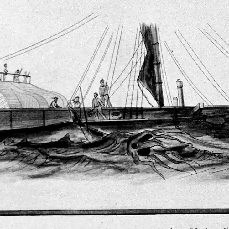 Gravure du calmar géant rencontré par la corvette française Alecton au large de Tenerife en novembre 1861, les marins tentant de le hisser à bord : la rencontre qui a rendu le Kraken réel
