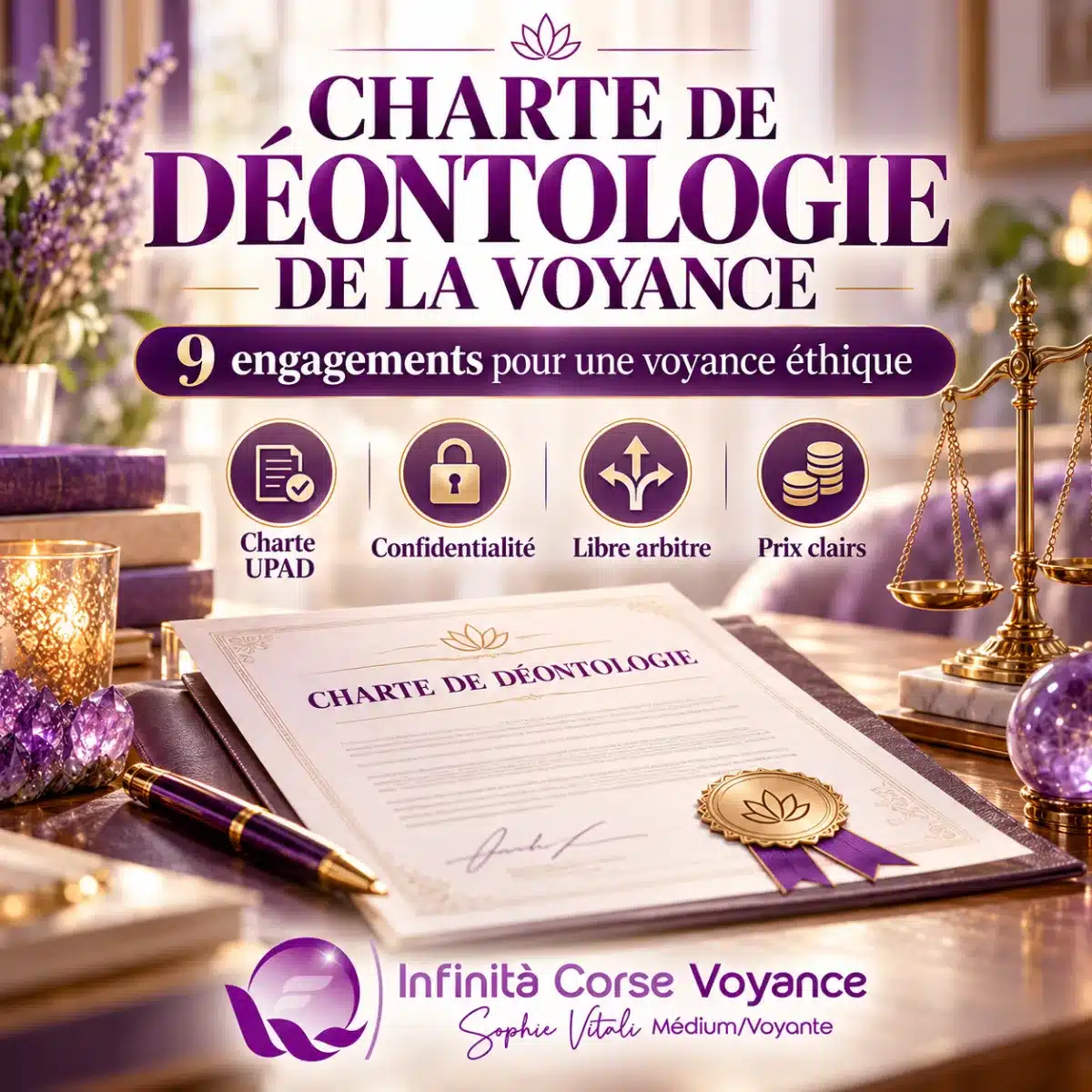 Charte de déontologie de la voyance : 9 engagements pour une voyance éthique, charte UPAD, cabinet Sophie Vitali Charte de déontologie de la voyance : un document signé et scellé sur un bureau, 9 engagements pour une voyance éthique, charte UPAD, confidentialité, libre arbitre et prix clairs, au cabinet Infinità Corse Voyance de Sophie Vitali