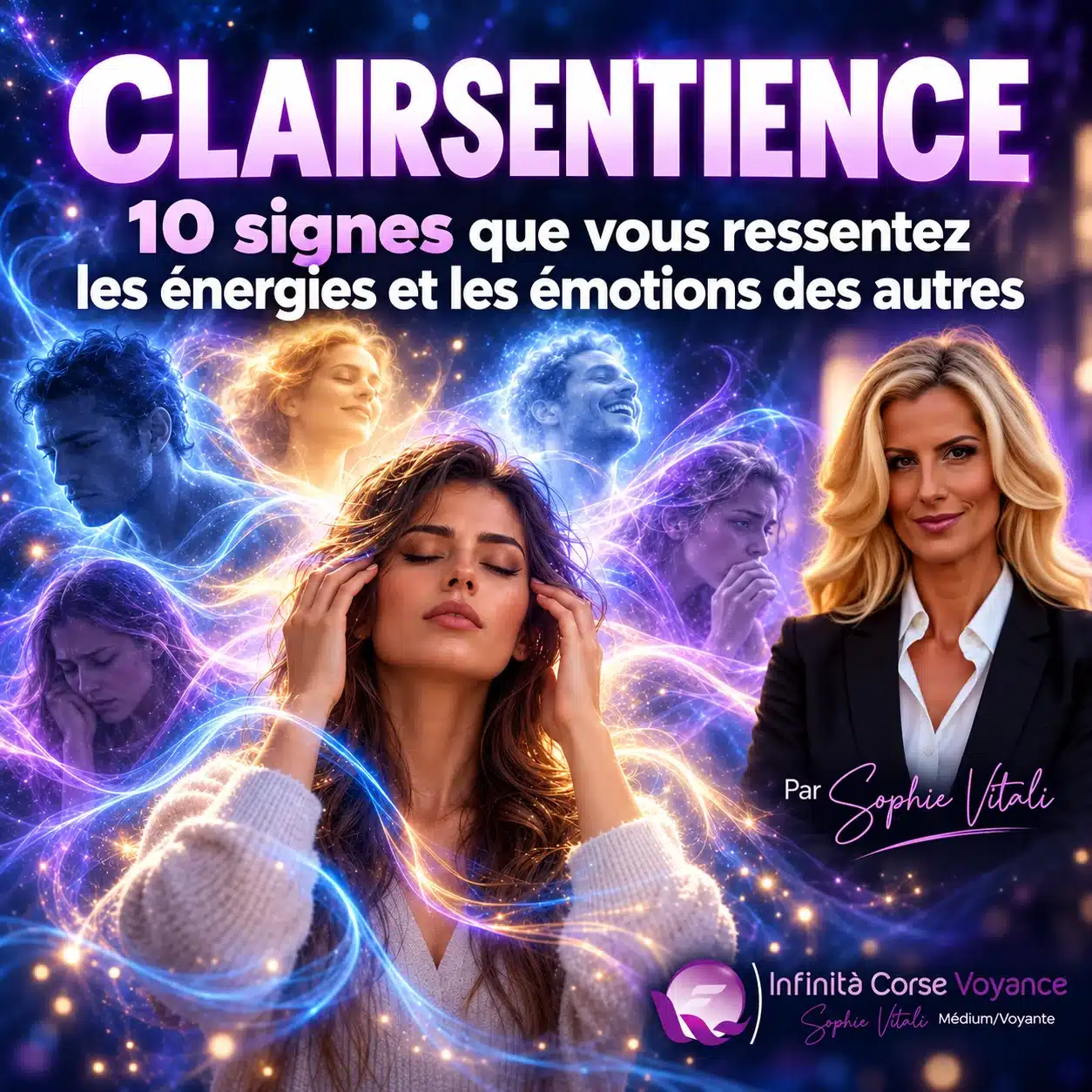 Clairsentience : femme les yeux fermés, les mains sur les tempes, entourée de flux d’énergie et des visages émus des autres, avec Sophie Vitali, médium et experte du paranormal : 10 signes que vous ressentez les énergies et les émotions des autres