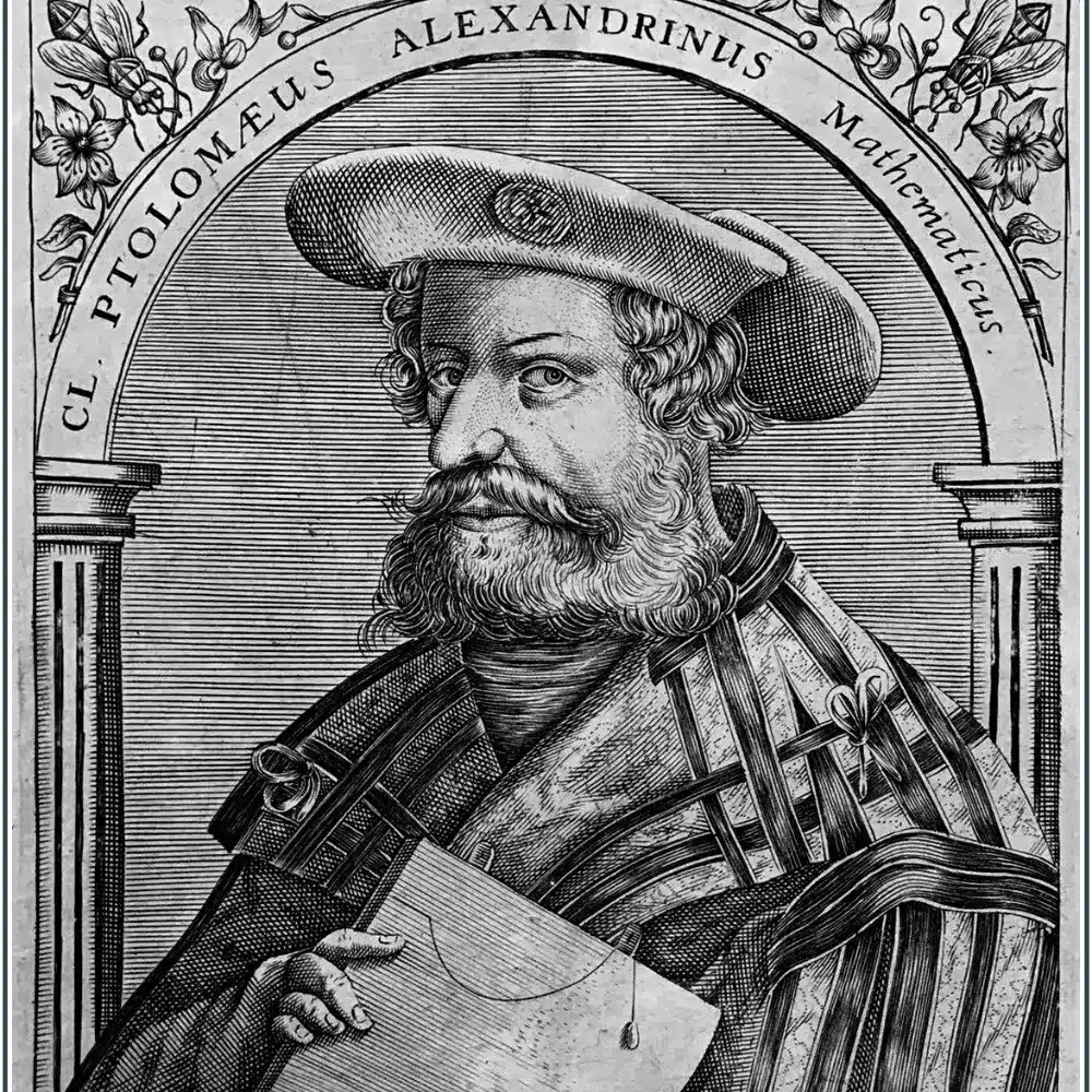 Portrait gravé de Claude Ptolémée coiffé d’un chapeau, tenant une feuille et un compas, par Theodor de Bry en 1596