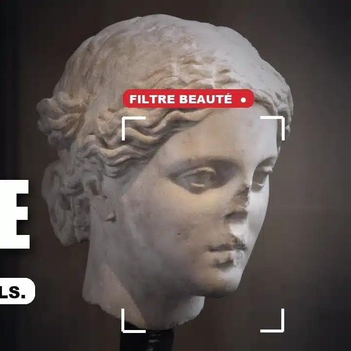 Visage de statue antique encadré par un viseur « filtre beauté » : la dysmorphie Snapchat et les filtres qui redessinent les visages, émission Le Tranchant de Didier Santiago