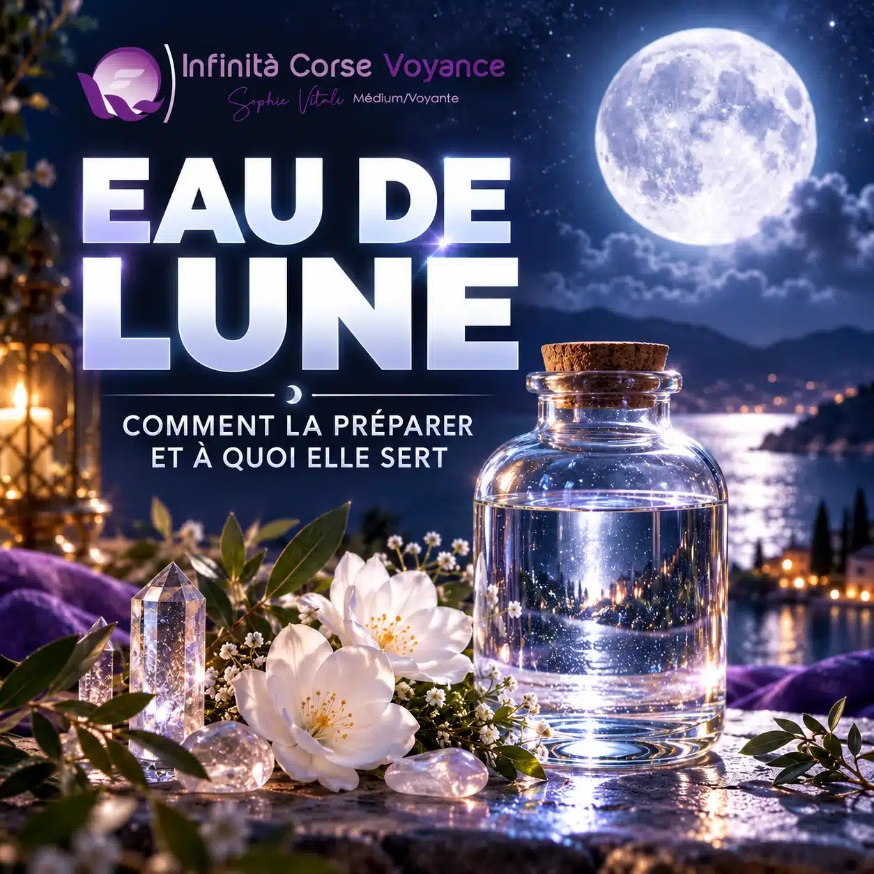Eau de lune dans une bouteille en verre bouchée de liège, cristaux de quartz et fleurs blanches sous la pleine lune au bord de la mer : comment préparer l’eau de lune et à quoi elle sert
