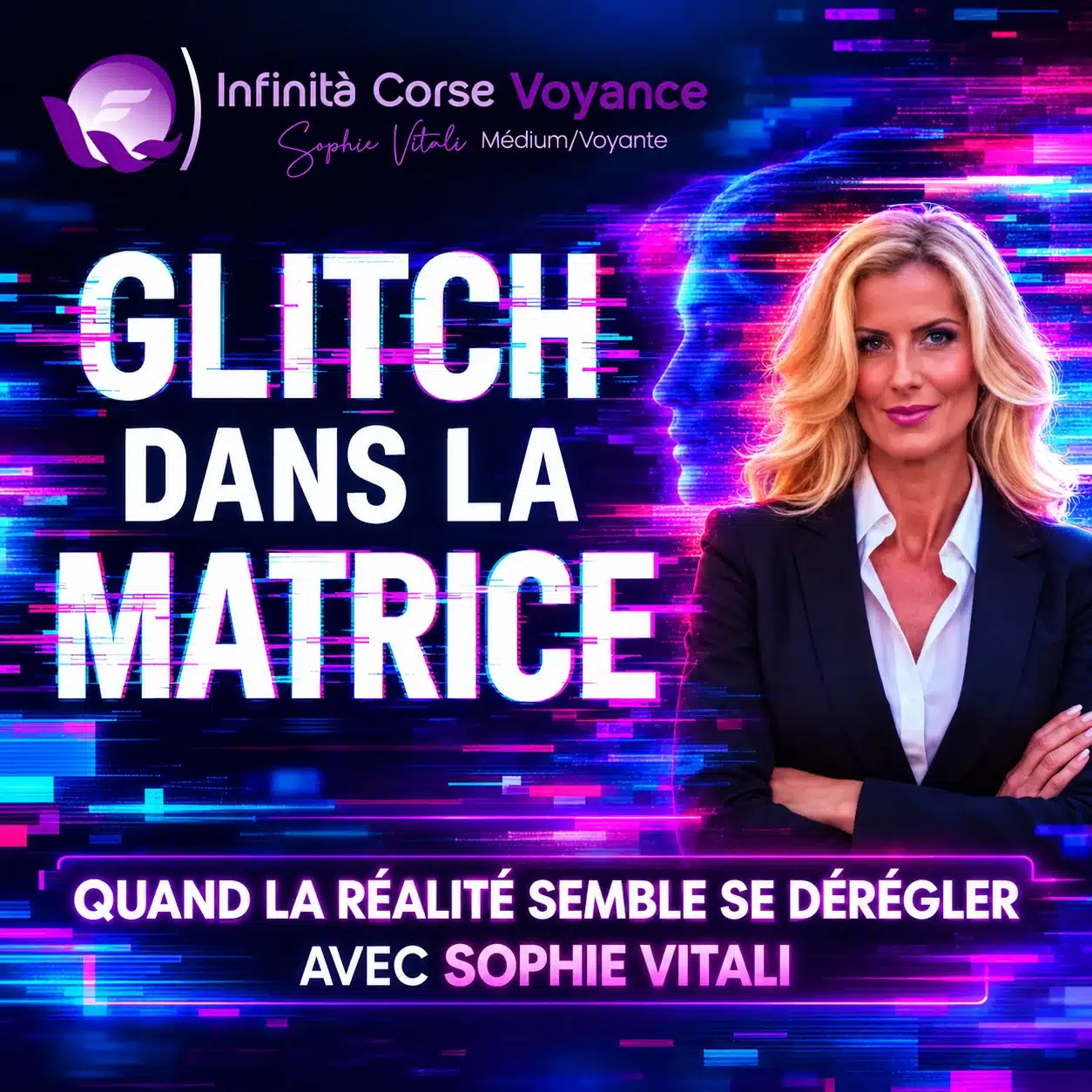 Glitch dans la matrice : Sophie Vitali, médium, devant un visage numérique déformé, quand la réalité semble se dérégler