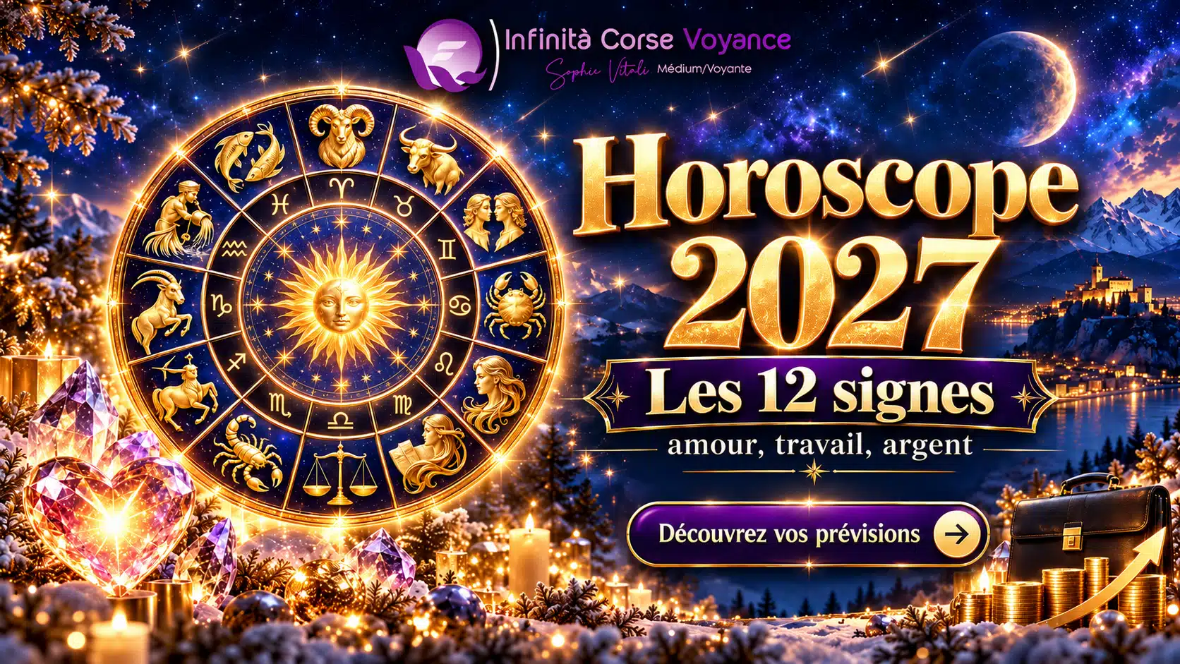 Image de l’Horoscope 2027 avec roue du zodiaque et prévisions des 12 signes en amour, travail et argent par Sophie Vitali pour Infinita Corse Voyance.