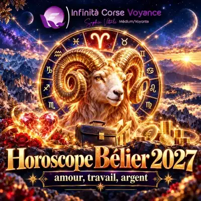 Horoscope Bélier 2027 : bélier aux cornes dorées devant la roue du zodiaque et le symbole du Bélier, avec un cœur de cristal, une mallette et des pièces d’or pour l’amour, le travail et l’argent, par Infinità Corse Voyance