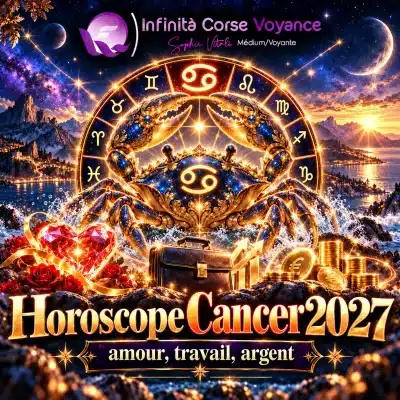 Horoscope Cancer 2027 : crabe doré et étoilé devant la roue du zodiaque et le symbole du Cancer, au bord de la mer, avec un cœur de cristal, une mallette et des pièces d’or pour l’amour, le travail et l’argent, par Infinità Corse Voyance