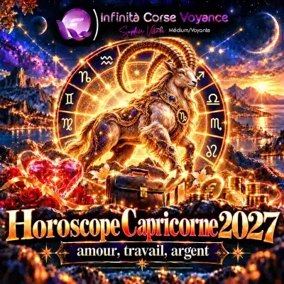 Horoscope Capricorne 2027 : chèvre des montagnes dorée et violette aux grandes cornes recourbées devant la roue du zodiaque et le symbole du Capricorne, avec un cœur de cristal, une mallette et des pièces d'or