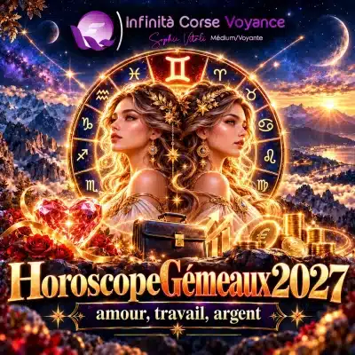 Horoscope Gémeaux 2027 : deux jumelles dorées devant la roue du zodiaque et le symbole des Gémeaux, avec un cœur de cristal, une mallette et des pièces d’or pour l’amour, le travail et l’argent, par Infinità Corse Voyance