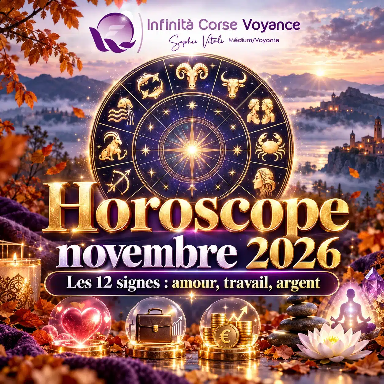 Horoscope novembre 2026 : roue du zodiaque dorée des 12 signes et symboles de l’amour, du travail et de l’argent dans un décor d’automne, par Infinità Corse Voyance