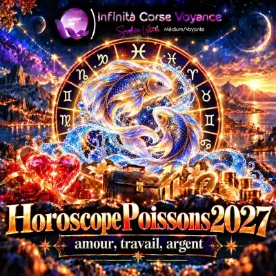 Horoscope Poissons 2027 : deux poissons dorés et violets nageant en cercle dans une vague étoilée devant la roue du zodiaque et le symbole des Poissons, avec un cœur de cristal, une mallette et des pièces d'or