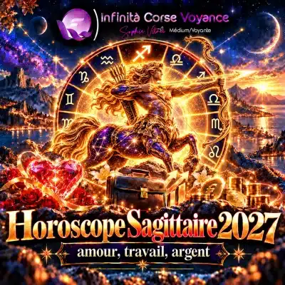 Horoscope Sagittaire 2027 : centaure archer doré et violet bandant un arc d'or devant la roue du zodiaque et le symbole du Sagittaire, avec un cœur de cristal, une mallette et des pièces d'or