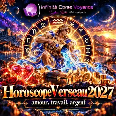 Horoscope Verseau 2027 : porteur d'eau doré et bleu versant une amphore d'eau étoilée devant la roue du zodiaque et le symbole du Verseau, avec un cœur de cristal, une mallette et des pièces d'or