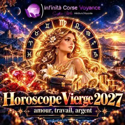 Horoscope Vierge 2027 : jeune femme aux cheveux dorés couronnée de feuillage devant la roue du zodiaque et le symbole de la Vierge, avec un cœur de cristal, une mallette et des pièces d’or pour l’amour, le travail et l’argent, par Infinità Corse Voyance