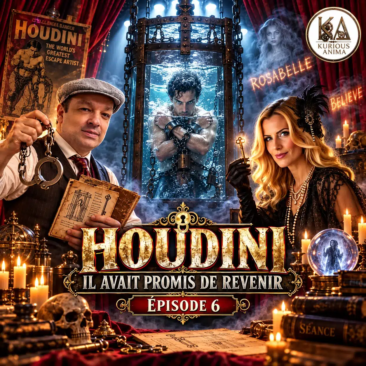 Sophie Vitali, médium et experte du paranormal, et Didier Santiago, clé et menottes à la main, devant Harry Houdini enchaîné dans la cuve d’eau, avec les mots Rosabelle et Believe : Houdini, il avait promis de revenir, épisode 6 de Kurious Anima