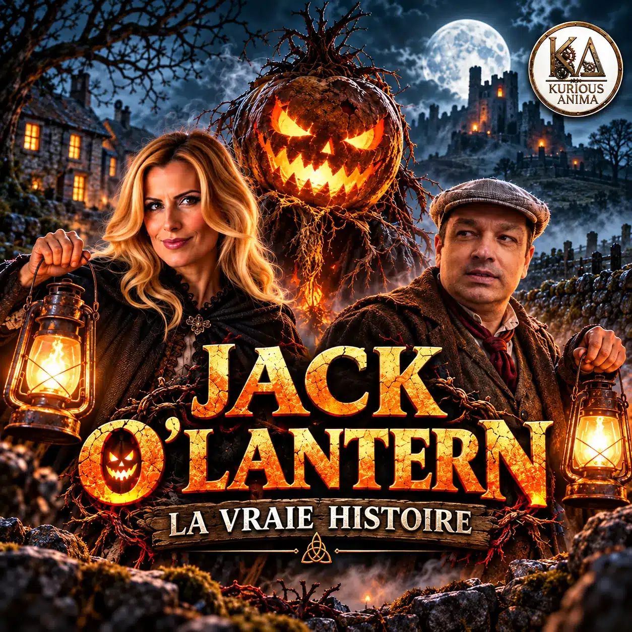 Jack O’Lantern, la vraie histoire : Sophie Vitali et Didier Santiago, lanternes à la main, devant la citrouille d’Halloween et un château irlandais sous la pleine lune