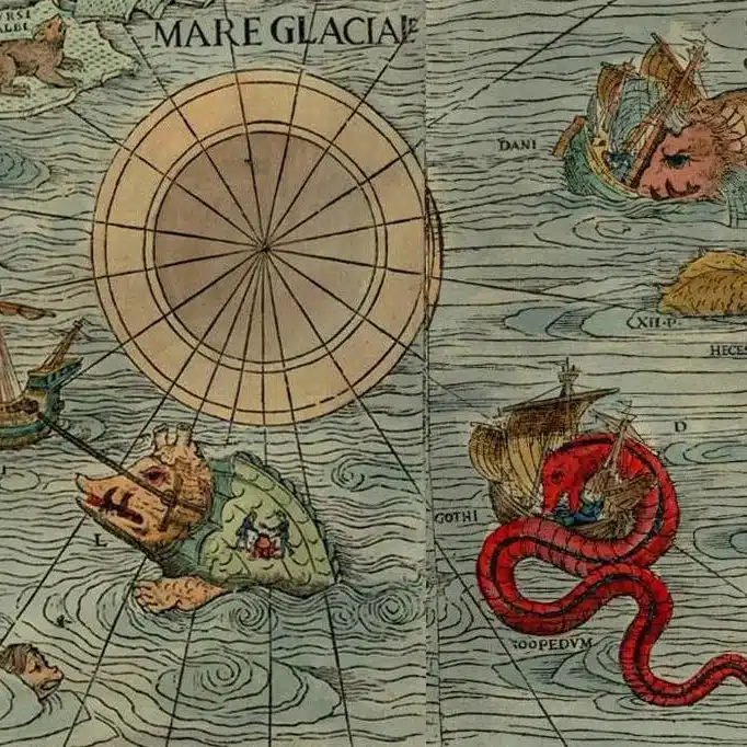 Détail de la Carta Marina d’Olaus Magnus, 1539 : monstres marins attaquant des navires dans les mers du Nord, aux origines de la légende scandinave du Kraken