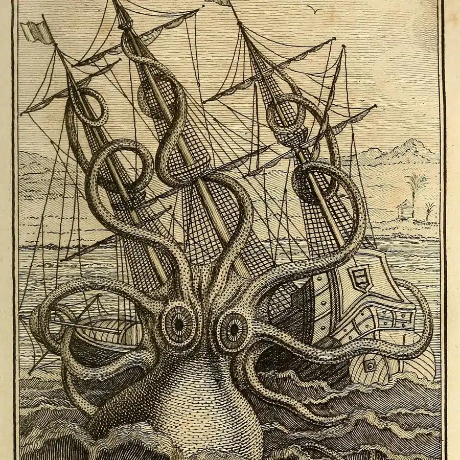 Gravure du Poulpe colossal de Pierre Denys de Montfort, un octopus géant enroulant ses tentacules autour d’un trois-mâts : l’image la plus célèbre de la légende du Kraken