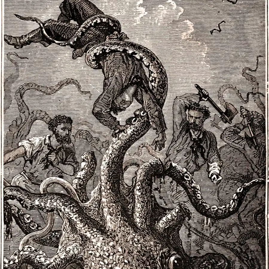 Gravure d’Alphonse de Neuville pour Vingt mille lieues sous les mers de Jules Verne : un poulpe géant saisit un marin du Nautilus, ancêtre des Kraken du cinéma