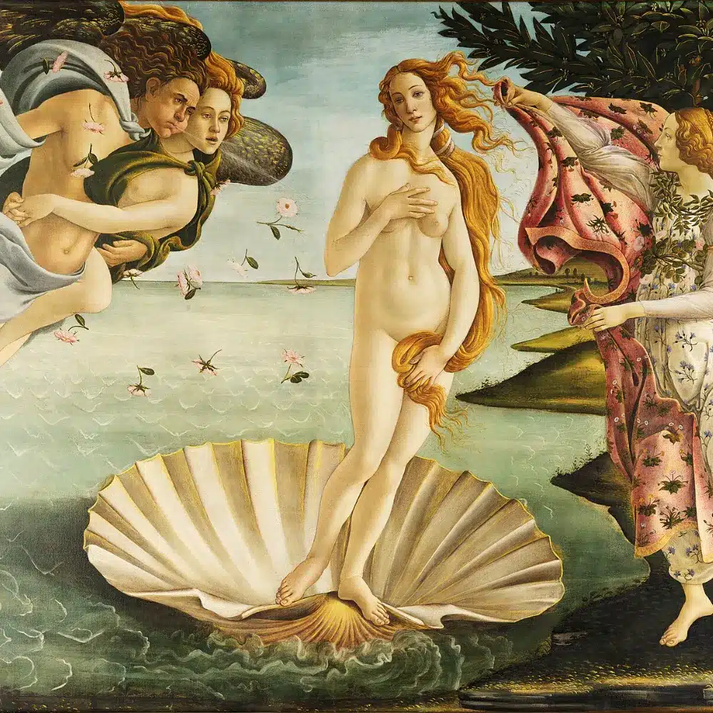 La Naissance de Vénus de Botticelli : Vénus debout sur une coquille, poussée vers le rivage par les vents