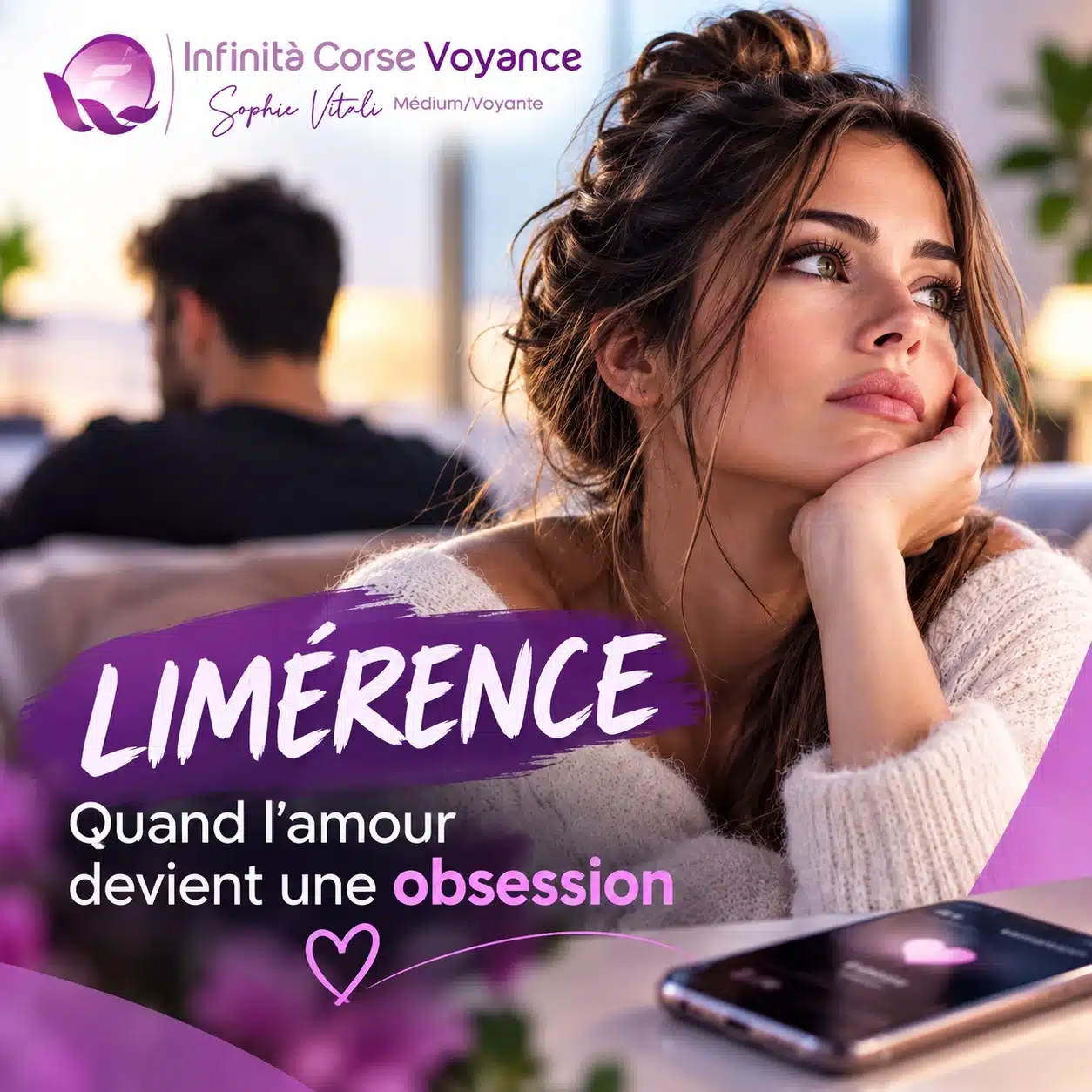 Limérence, quand l’amour devient une obsession : femme pensive qui attend un signe de l’homme qu’elle aime, téléphone posé près d’elle, symptômes de l’obsession amoureuse expliqués par Sophie Vitali, médium et experte du paranormal