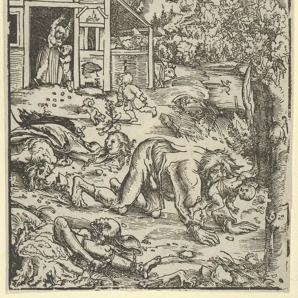 Gravure sur bois de Lucas Cranach l’Ancien vers 1512 : un homme-loup à quatre pattes emporte un enfant devant une ferme, des corps déchiquetés au sol