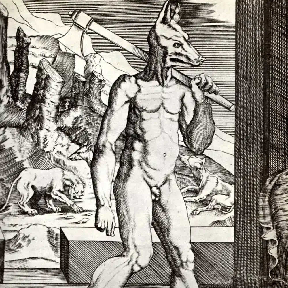Gravure de 1523 montrant le roi Lycaon à tête de loup, une hache sur l’épaule, origine antique du mythe du loup-garou et de la lycanthropie
