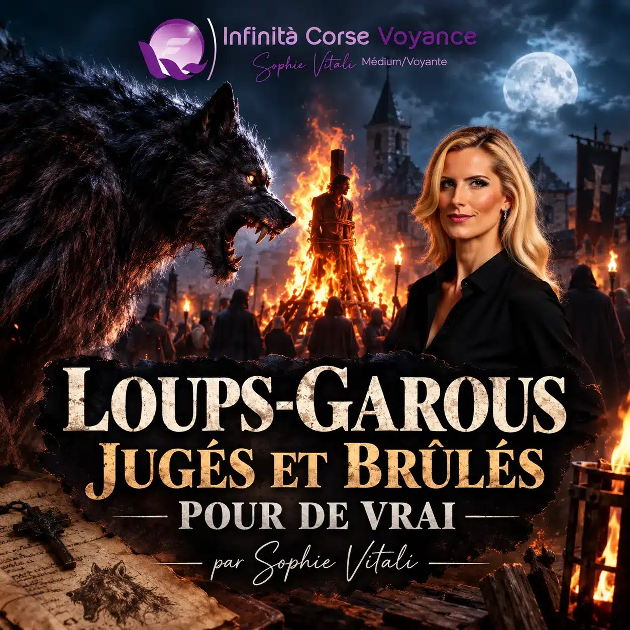 Loup-garou aux yeux de braise devant le bûcher d’un accusé de lycanthropie, sur une place médiévale sous la pleine lune, avec Sophie Vitali, médium et experte du paranormal