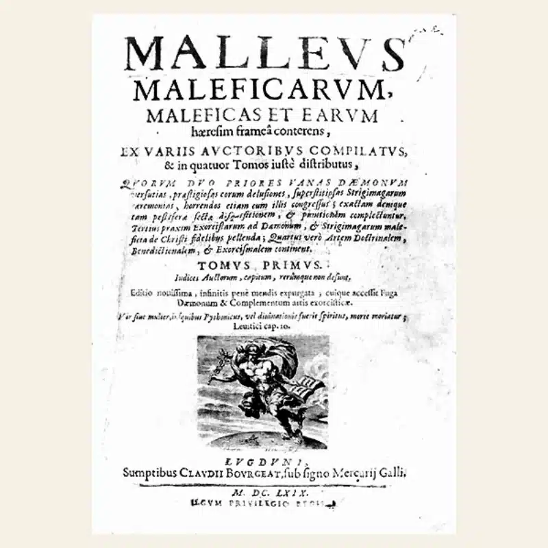 Page de titre du Malleus Maleficarum, le Marteau des sorcières, dans son édition de Lyon de 1669, manuel des chasseurs de sorcières