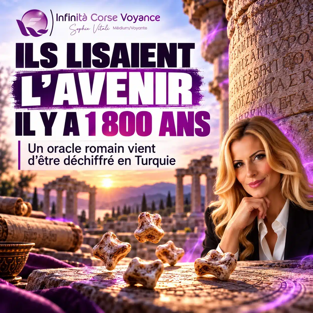 Cinq osselets lancés devant un pilier romain gravé en grec sur une agora en ruines au coucher du soleil, avec Sophie Vitali, médium et experte du paranormal : oracle antique de 1 800 ans déchiffré en Turquie