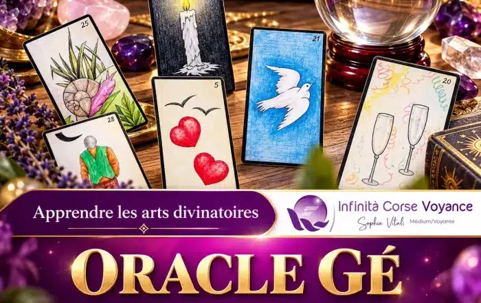 Cartes de l’Oracle Gé (la Bougie, les deux cœurs, la Colombe, les deux Flûtes, le Coquillage, le Cadeau) posées sur une table en bois avec une boule de cristal et une bougie : interprétation et signification des 61 cartes par Sophie Vitali, médium et experte du paranormal