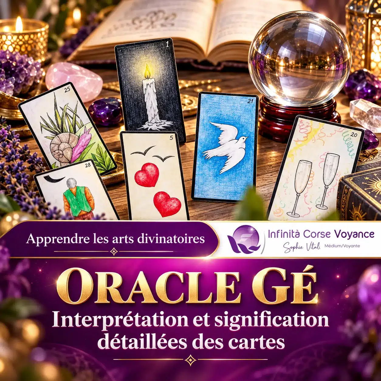 Cartes de l’Oracle Gé (la Bougie, les deux cœurs, la Colombe, les deux Flûtes, le Coquillage, le Cadeau) posées sur une table en bois avec une boule de cristal et une bougie : interprétation et signification des 61 cartes par Sophie Vitali, médium et experte du paranormal
