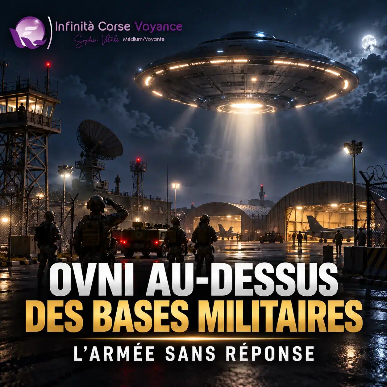 Soucoupe volante lumineuse au-dessus d’une base militaire la nuit, soldats, radar et hangars d’avions de chasse : OVNI au-dessus des bases militaires, l’armée sans réponse