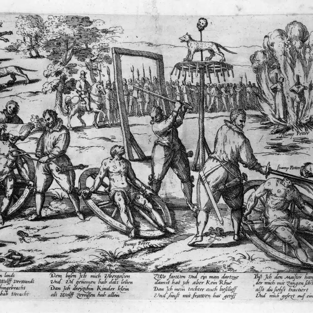 Gravure allemande de 1589 montrant le supplice de Peter Stumpp, le loup-garou de Bedburg, roué, décapité puis brûlé à Cologne