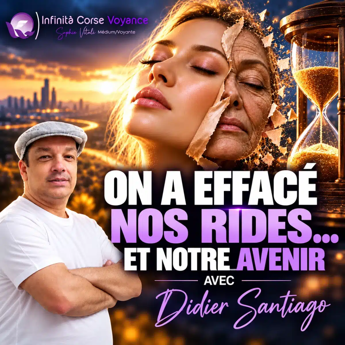 Visage de femme jeune dont le masque se décolle sur un visage ridé, sablier et ville futuriste : la peur de vieillir et le refus du réel, essai de Didier Santiago « On a effacé nos rides… et notre avenir »