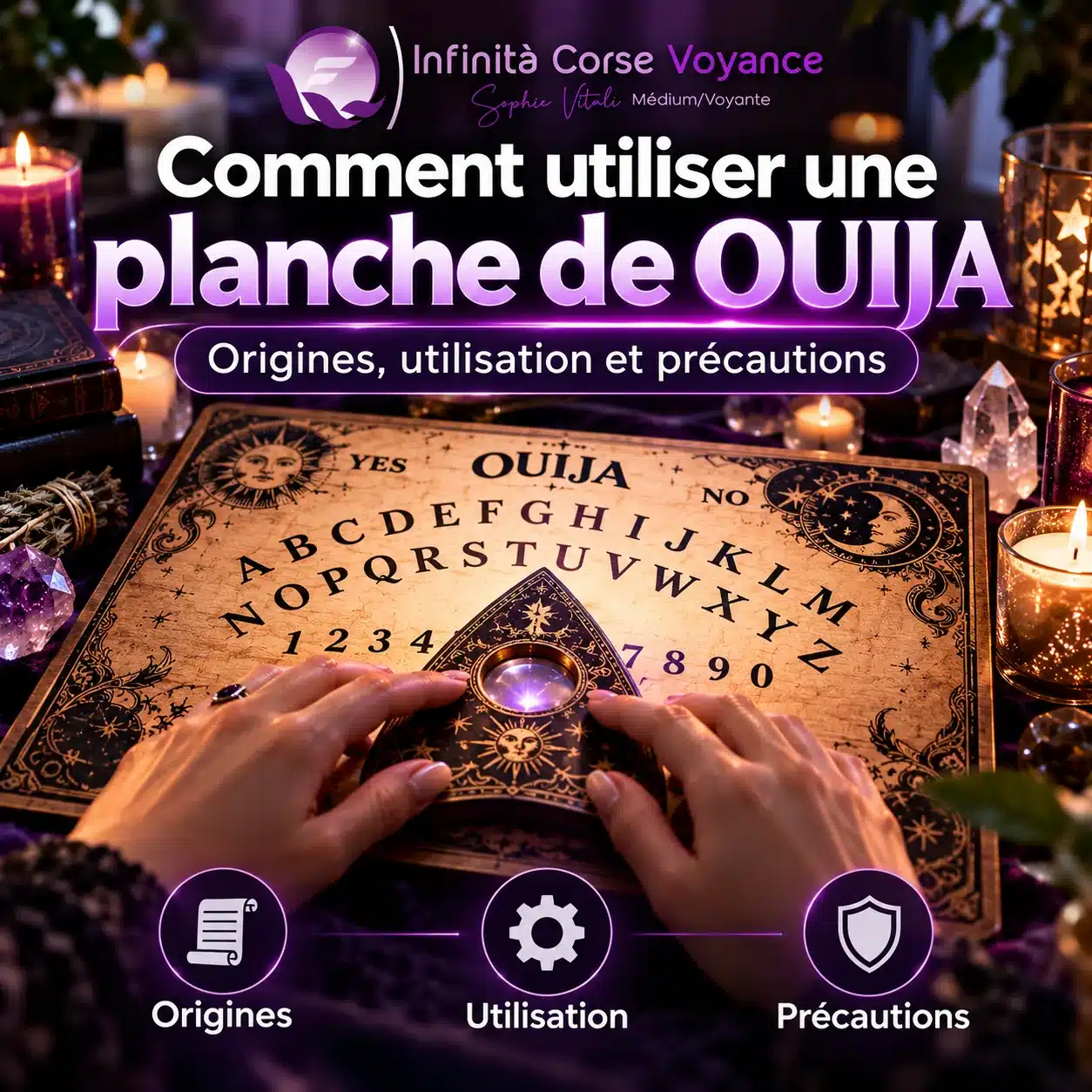Mains posées sur la planchette d’une planche de Ouija entourée de bougies et de cristaux : comment utiliser un Ouija, ses origines et les précautions à prendre, par Infinità Corse Voyance